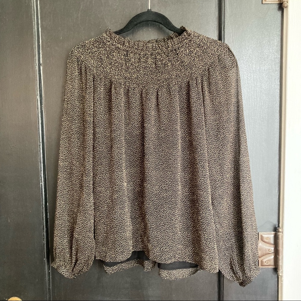 Loft Gathered Neck Chiffon Top in Black Dots